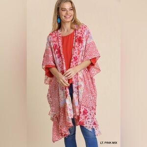 Umgee sheer patchwork ruffled hem longline kimono cardigan size M|L